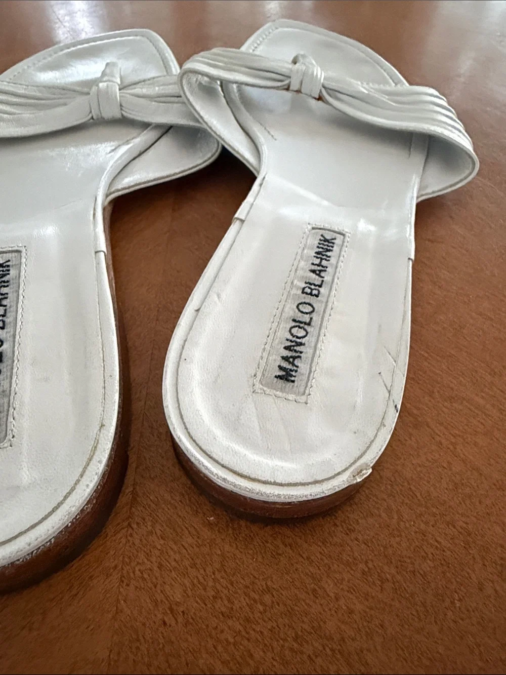 Manolo Blahnik White Knotted Leather Slide Sandals
